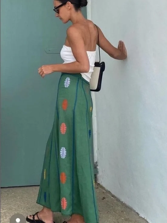 NWT ZARA Green Embroidered A-Line Skirt Linen Blend Aztec size Extra Small - Picture 7 of 7